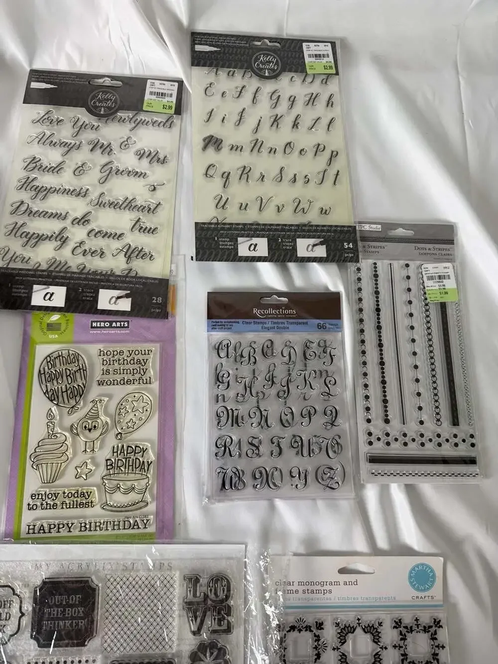 Lot of 7 Clear Acrylic Stamp Sets Various Brands Including Kelly Creates Hero Ar